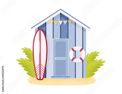 Cartoon purple wooden beach cabin with lifebuoy and surf. Vector illustration
