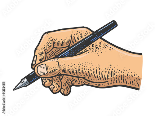 hand writes with a ballpoint pen color line art sketch engraving vector illustration. T-shirt apparel print design. Scratch board imitation. Black and white hand drawn image.