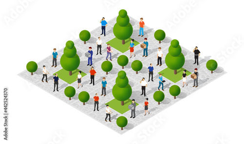 Isometric Park city walking holidaymakers joyful people
