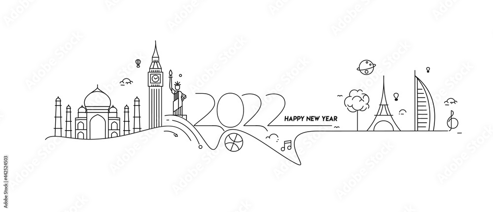 Happy New Year 2022 Text with travel world Design Patter, Vector illustration.