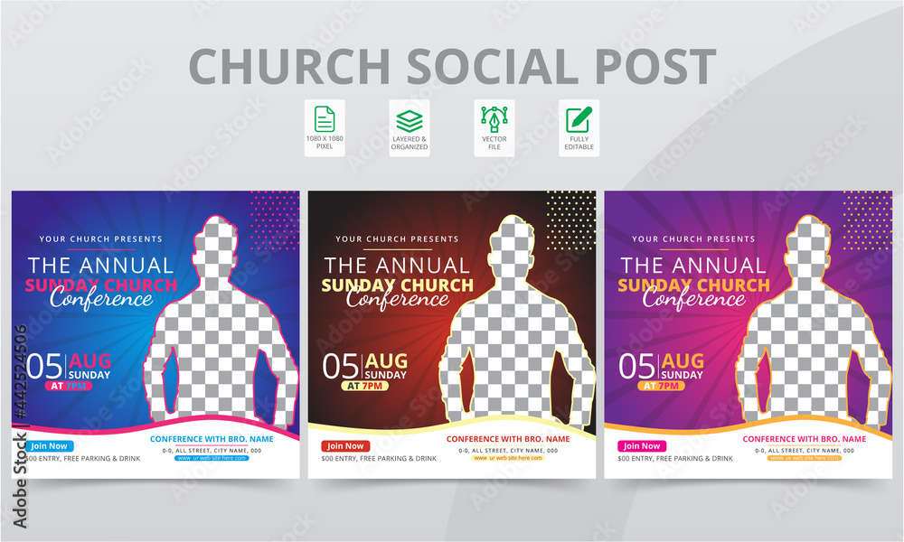 Best Praise Conference Social Media Post Templates. Unique Geometric event social media layouts graphics and web banner pack. - obrazy, fototapety, plakaty 