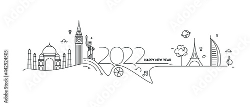 Happy New Year 2022 Text with travel world Design Patter, Vector illustration.
