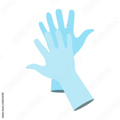 Blue protective rubber or nitrile gloves. Pair of medical latex gloves. Protection against coronavirus and various infections. Epidemic prevention concept. Antibacterial protection. Hygiene supplies.