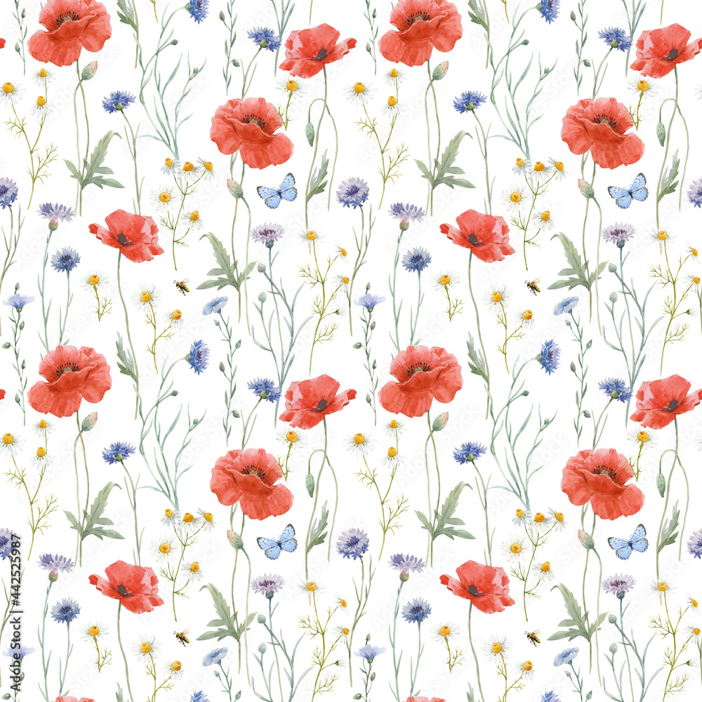 Beautiful seamless floral pattern with hand drawn watercolor gentle wild field flowers cornflower poppy. Stock illuistration.