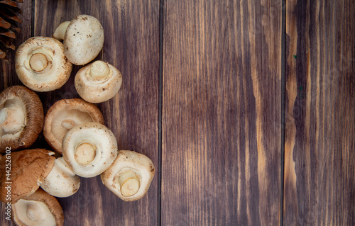 top view of fresh mushrooms isolated on wooden rustic background with copy space