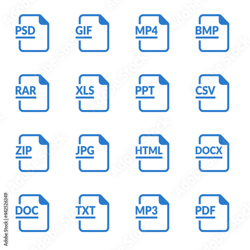 File format type icons. Download document vector buttons. Illustration of symbol web type, software label interface