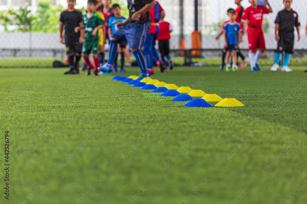 Obraz premium Soccer ball tactics on grass field with barrier for training children jump skill