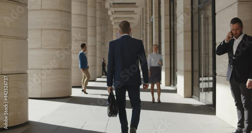 Back view of confident executive with briefcase walking outdoors downtown