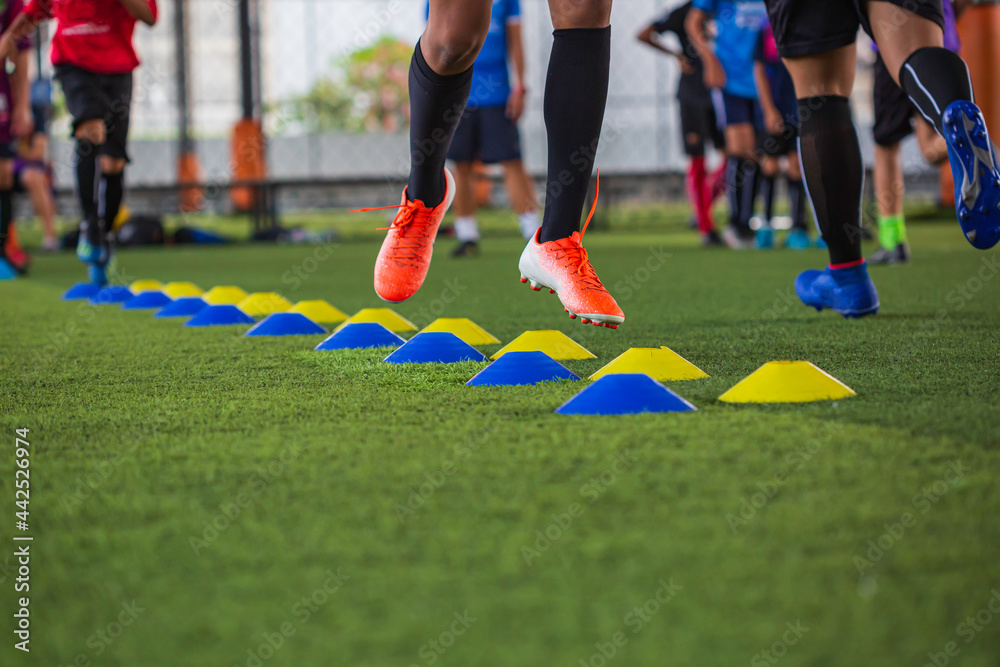 Soccer ball tactics on grass field with barrier for training children jump skill Soccer ball tactics on grass field with barrier for training children jump skill