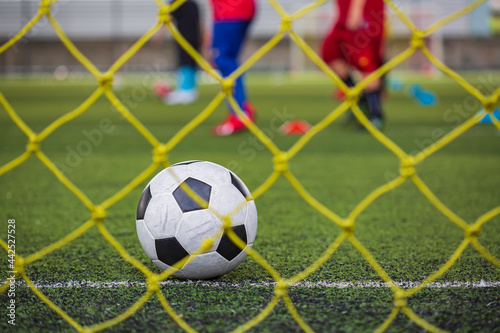 Soccer ball tactics on grass field with net for training children skill