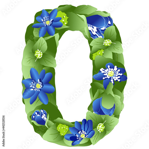 vector image of the number 0 in the form of flowers and leaves of liverwort