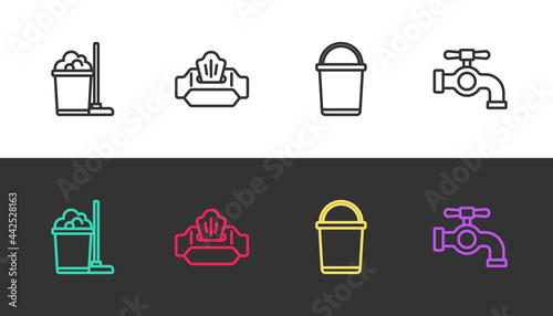 Set line Mop and bucket, Wet wipe pack, Bucket and Water tap on black and white. Vector