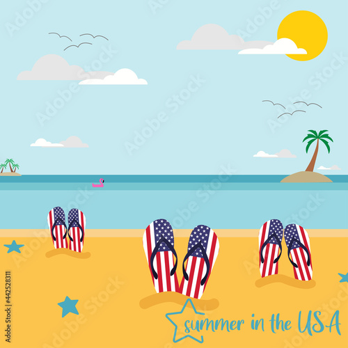 Poster of summer in the USA. Flip-flops on the USA beach	