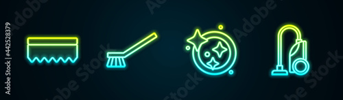 Set line Sponge, Brush for cleaning, Washing dishes and Vacuum cleaner. Glowing neon icon. Vector