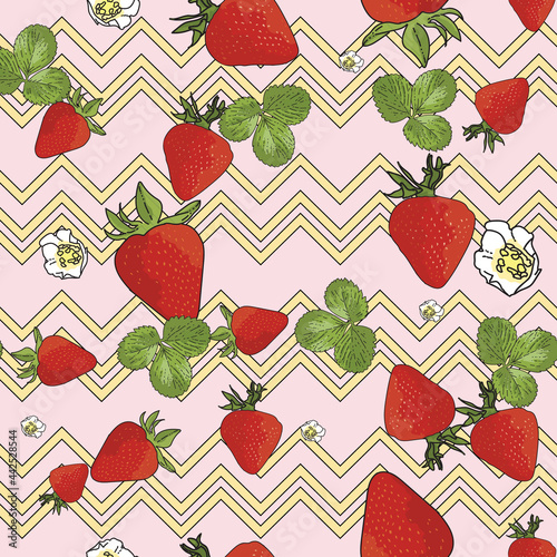 Vector pastel pink background garden strawberries, berry flowers, berries fruits. Seamless pattern background