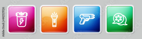 Set line Police electric shocker, Flashlight, and Hexagram sheriff. Colorful square button. Vector