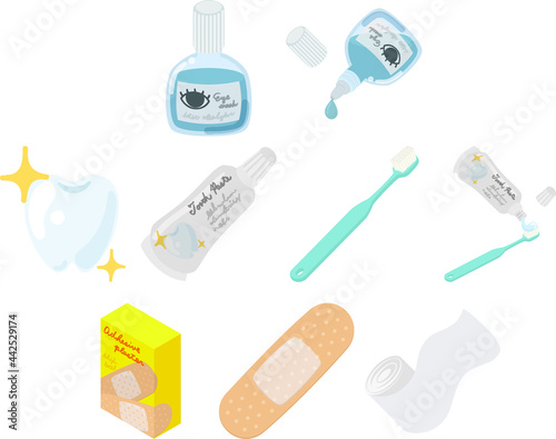 目薬や歯磨き粉や絆創膏や包帯などの日常的な医療品のアイコン photo