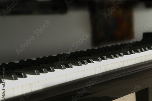 Black Grand Piano keyboard close up. Pianist education concept. Piano lesson poster. Jazz music instrument.
