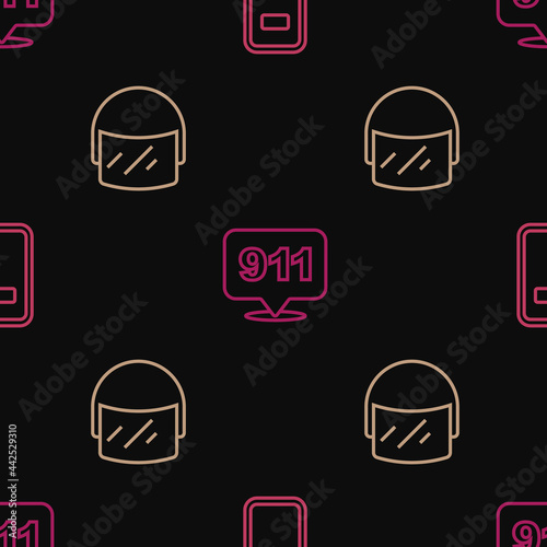 Set line Police assault shield, helmet and Telephone call 911 on seamless pattern. Vector