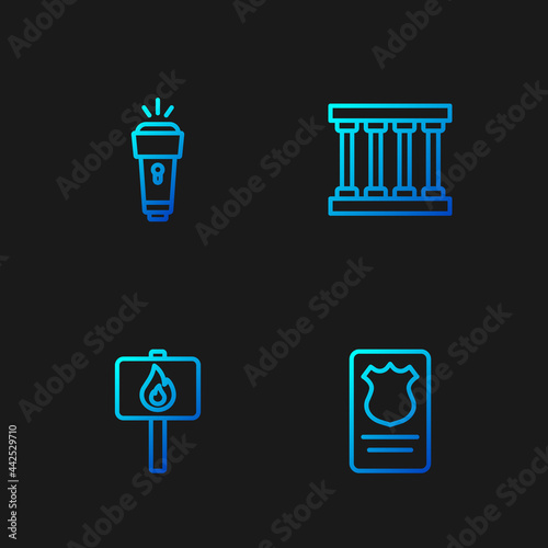 Set line Police badge with id case, Protest, Flashlight and Prison window. Gradient color icons. Vector