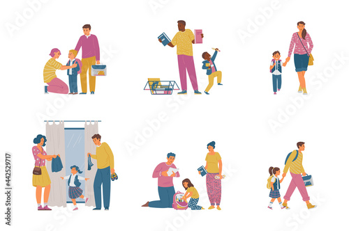 Back To School Vector Collection. Parents With Children Getting Ready For School  Buying Supplies  Uniform  Packing School bag  Walking To School.