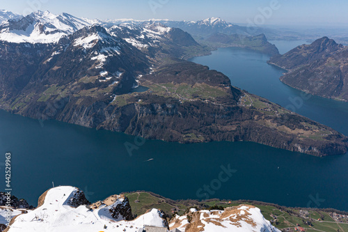 Wide aerial panorama. Switzerland, Alps. From Stoss. Lake lucerne