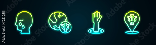 Set line Man graves funeral sorrow, Psychology, Psi, Helping hand and . Glowing neon icon. Vector
