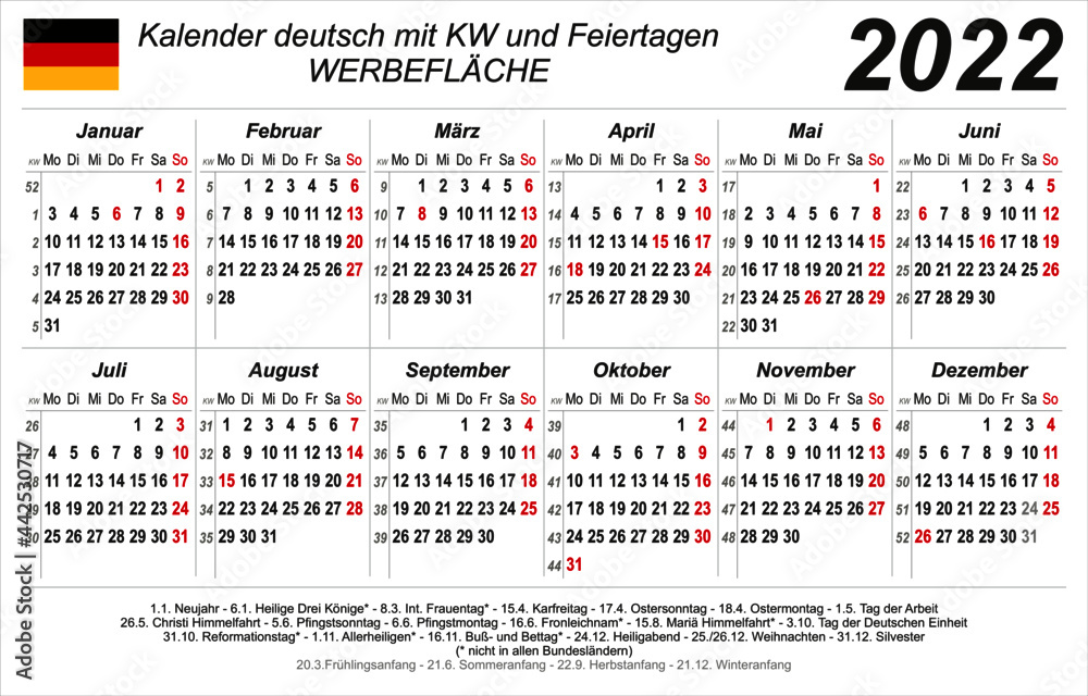 Kalender 2022 - weiß - quer - deutsch - mit Feiertagen (85 x 54 mm)