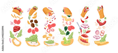 Set of shawarmas with different ingredients, wrapped in tortilla. Rolls of doner kebab, taco and gyros. Shawermas with meat, fish and shrimps. Colored flat vector illustration isolated on white.