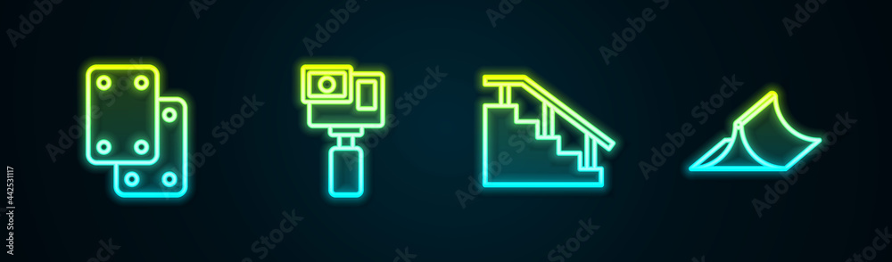 Set line Knee pads, Action camera, Skateboard stairs with rail and park. Glowing neon icon. Vector Set line Knee pads, Action camera, Skateboard stairs with rail and park. Glowing neon icon. Vector