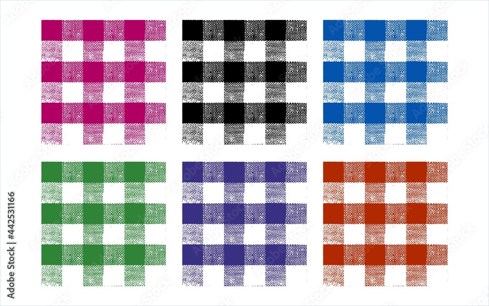 Gingham or plaid or tartan towel or table cloth set in pink, black, blue, green, violet, red color. Set of 6 for textile print and design Gingham or plaid or tartan towel or table cloth set in pink, black, blue, green, violet, red color. Set of 6 for textile print and design