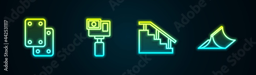Set line Knee pads, Action camera, Skateboard stairs with rail and park. Glowing neon icon. Vector