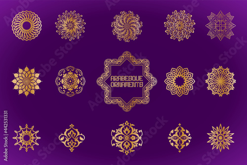 Arabesque ornamental design set in gold gradient on violet color background