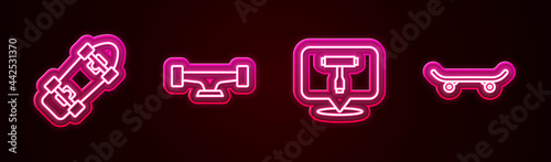 Set line Skateboard, wheel, T tool and . Glowing neon icon. Vector