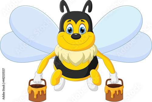 cartoon cute bee carrying honey in a bucket