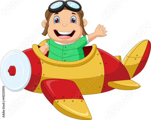 cartoon boy riding a plane and waving
