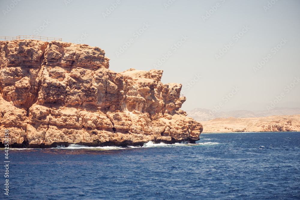 red sea coastline landscape with Egypt mountains on background