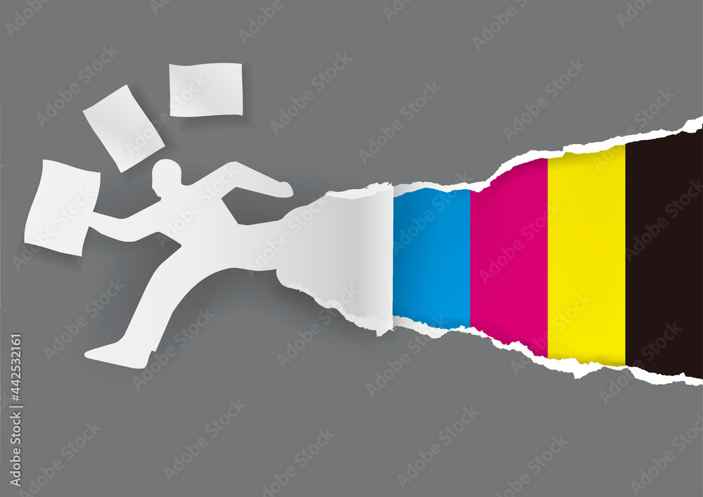 Fast printing,cmyk paper concept. Paper man silhouette with flying