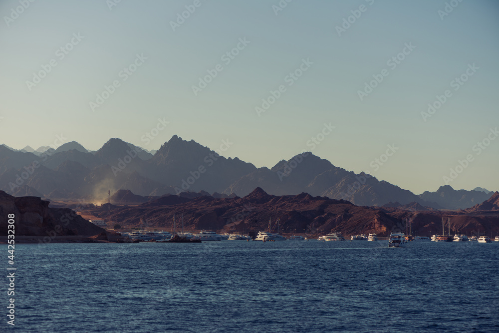 red sea coastline landscape with Egypt mountains on background