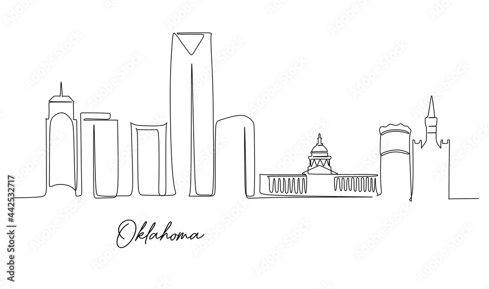 Continuous single line drawing of Oklahoma city skyline United States. Historical town landscape. Best holiday destination home decor wall art poster. 