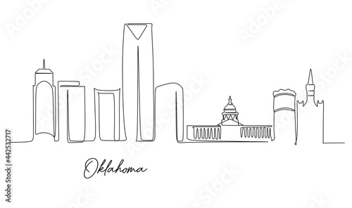 Continuous single line drawing of Oklahoma city skyline United States. Historical town landscape. Best holiday destination home decor wall art poster. 