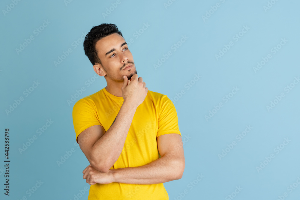 Remember all. Let me think. Doubt concept. Doubtful, thoughtful man remembering something. Remember all. Let me think. Doubt concept. Doubtful, thoughtful man remembering something.