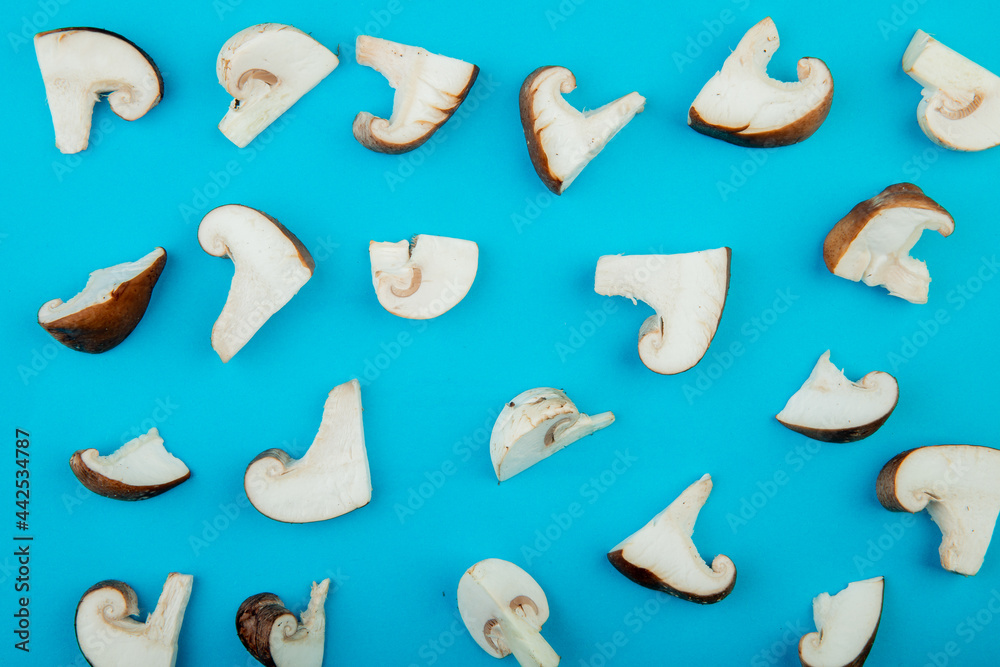 top view of sliced mushrooms isolated on blue background top view of sliced mushrooms isolated on blue background
