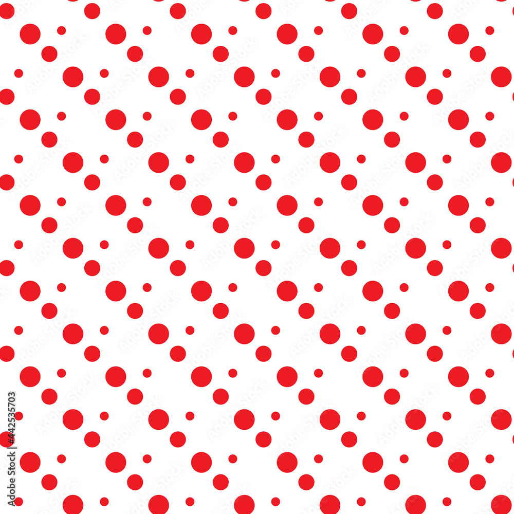 Seamless abstract pattern of red circles and red dots on white background. Kaleidoscope background.