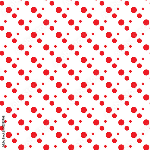 Seamless abstract pattern of red circles and red dots on white background. Kaleidoscope background.