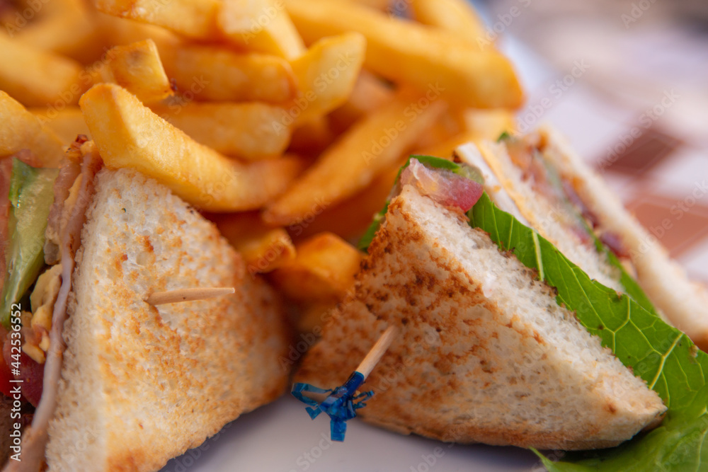 Close up of a ham sandwich with french fries.