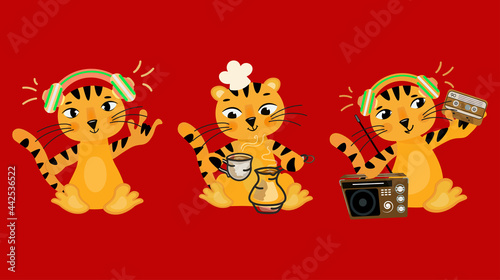 3 cute funny tiger cubs on a bright red background. The symbol of the year 2022 is the fiery tiger. Cool music lover, chef and retro DJ. New Year's talisman. Vector for postcards, poster, calendars.