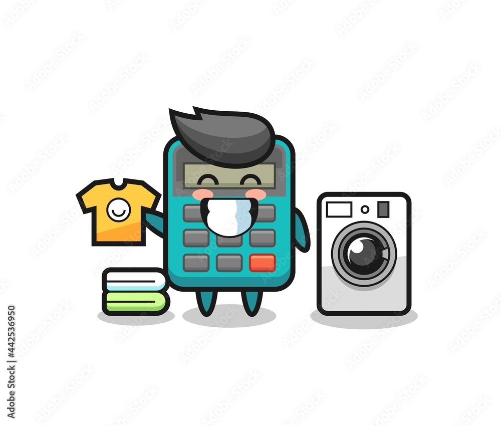 Mascot cartoon of calculator with washing machine