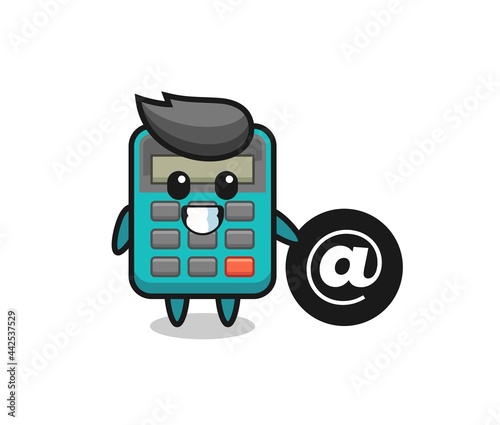Cartoon Illustration of calculator standing beside the At symbol