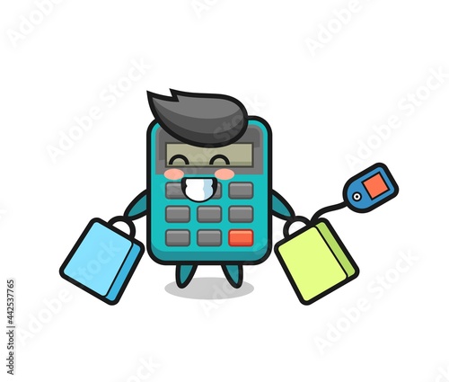 calculator mascot cartoon holding a shopping bag